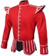 GPC-1050. Pipe Band Doublets Red 100% Melton wool body, White piping trim, 8 button front closure, Black nylon / silk blend full lining, 2 inch stand up collar, 28 removable medium silver thistle buttons,