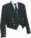 GPC-1056    Prince Charlie Jacket, Black Wool, with a single button on the front, two side vents, cuffs with 3 buttons, pocket flaps with 3 buttons, custom sizes available. Diamond Shape Thistle Button.